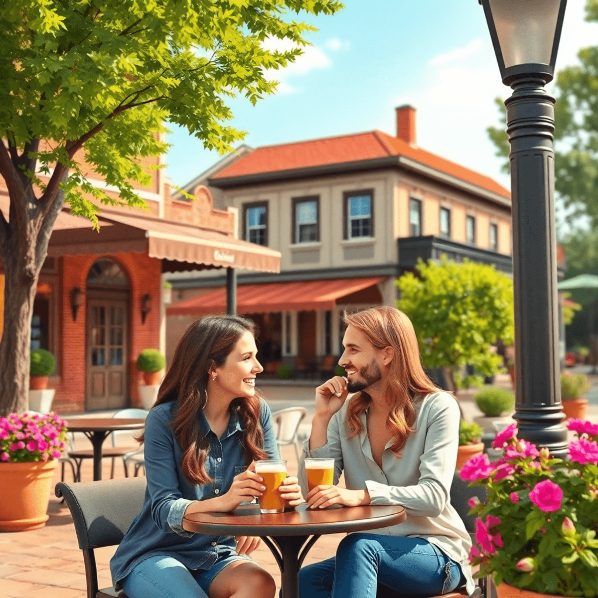 A couple enjoys coffee at a charming café with Southern architecture, surrounded by trees and flowers in a warm and inviting outdoor setting.
