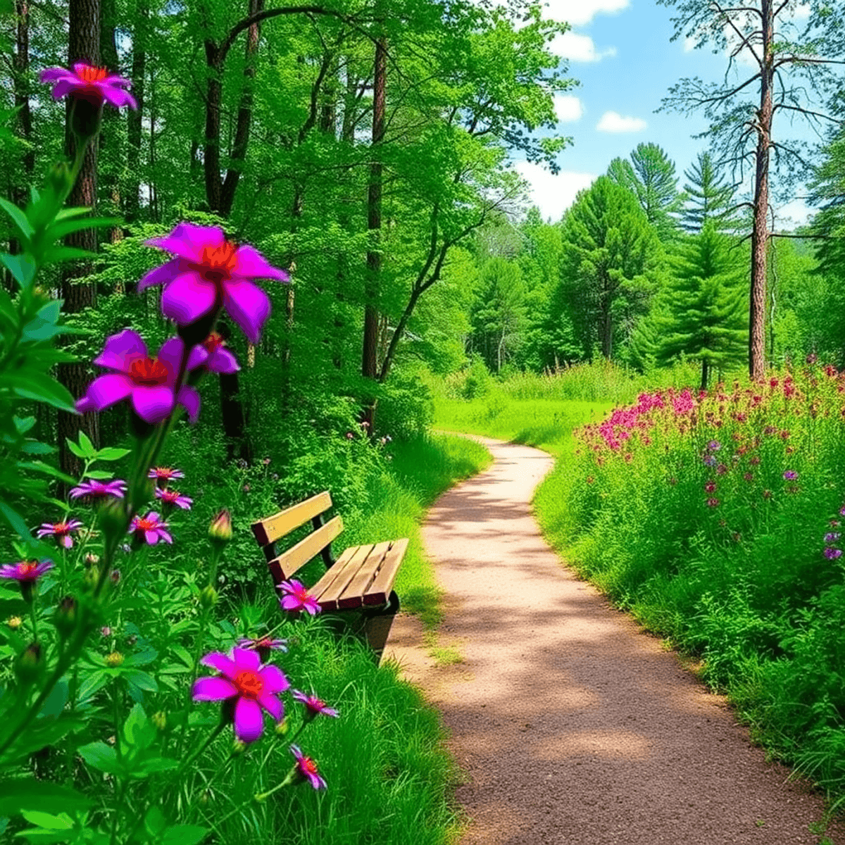 A scenic view of the Silver Comet Trail in Rockmart, Georgia, showcasing a lush pathway with vibrant wildflowers and a cozy bench, perfect for roma...