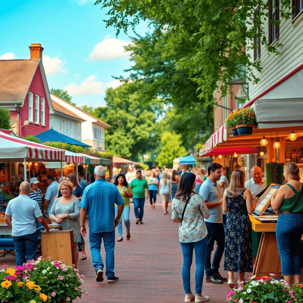 A charming Southern town scene during a vibrant community festival, featuring colorful artisan stalls, people enjoying live music, and couples ming...