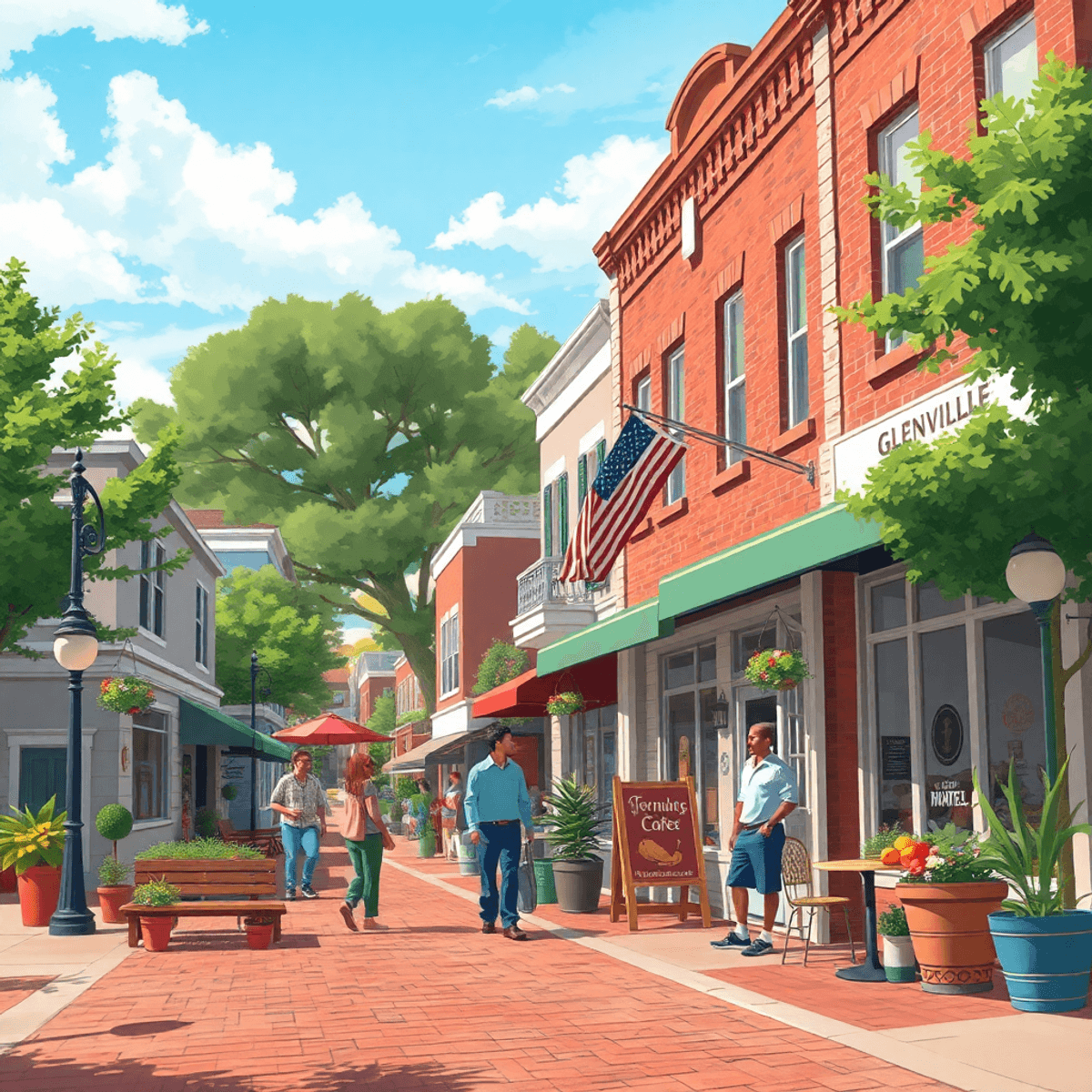 A charming small-town main street in Glennville, Georgia, lined with quaint shops and cafes, bustling farmers' market, and a warm, inviting atmosph...