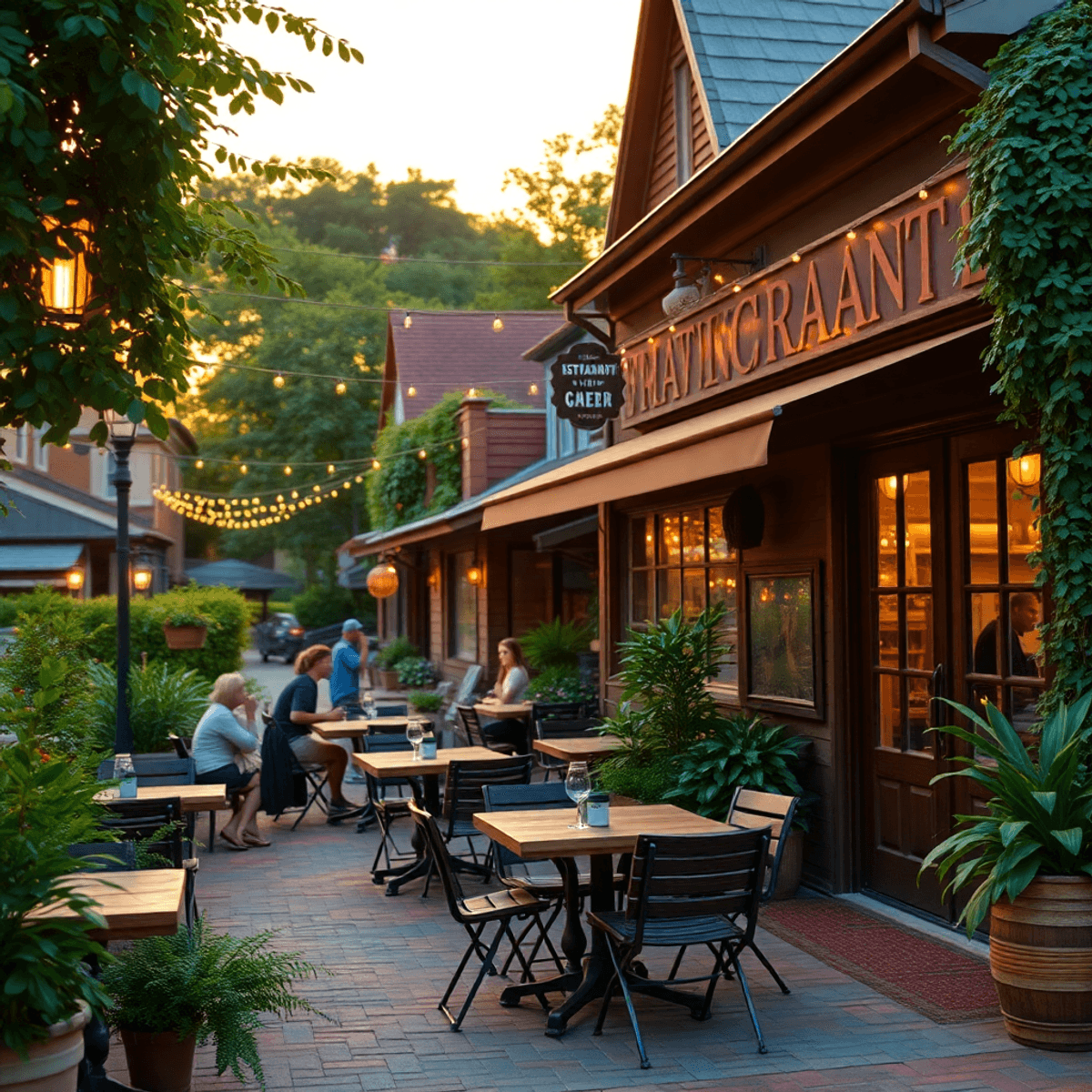 A cozy small-town restaurant with outdoor seating, surrounded by greenery and a warm sunset, evoking connection and community through people enjoyi...