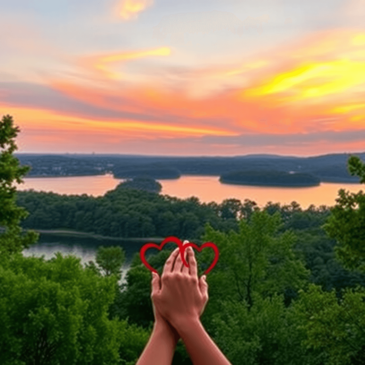 A serene Lake Lanier at sunset, with vibrant reflections in the water, lush greenery surrounding it, and subtle heart shapes in the foreground sugg...