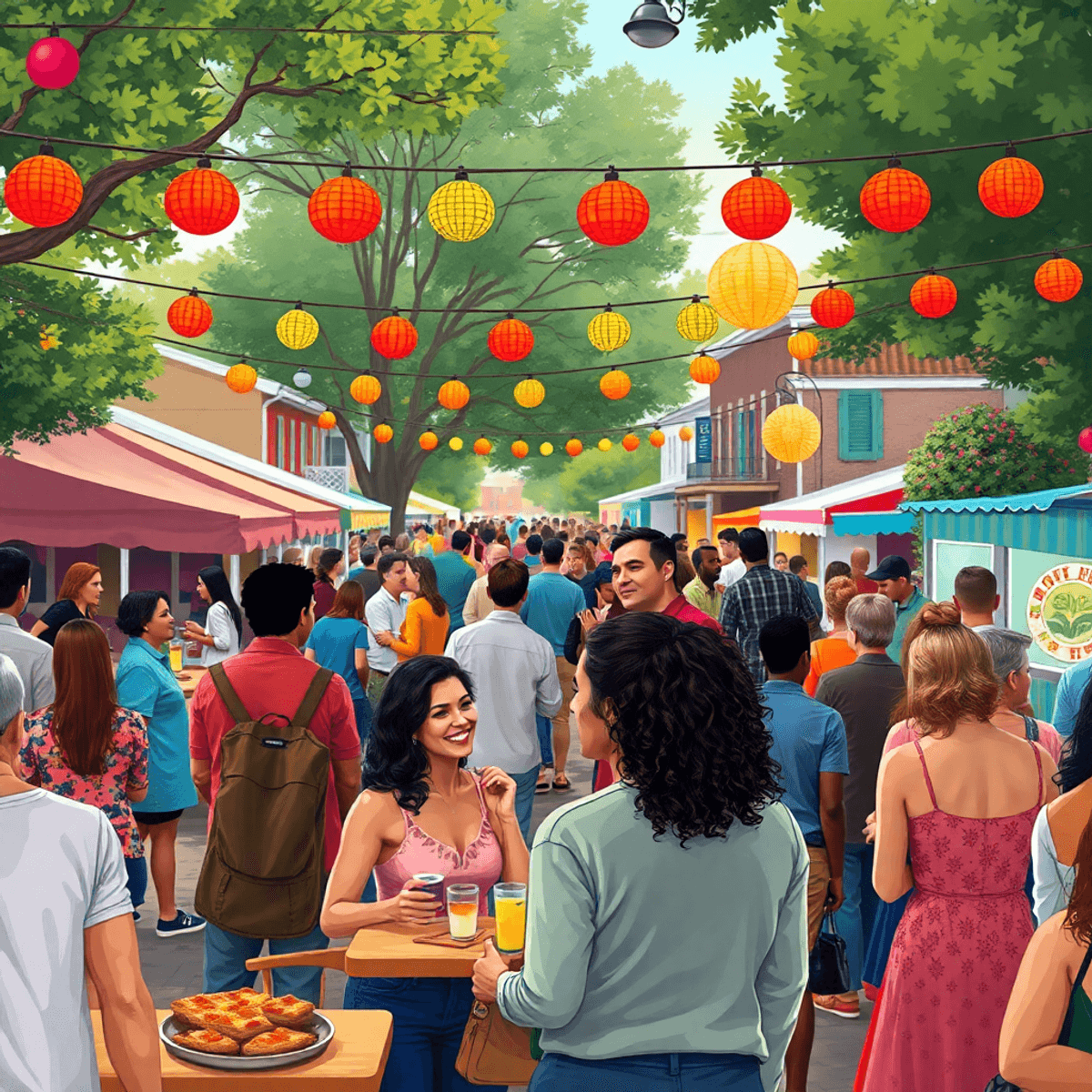 A lively outdoor festival in a small Southern town, with colorful decorations, food stalls, and people enjoying live music in a warm and inviting a...