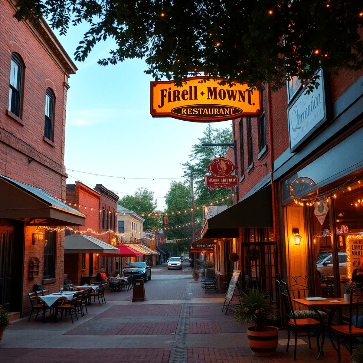 A picturesque small-town street in Hiram, Georgia, lined with cozy restaurants and outdoor dining areas adorned with twinkling lights, creating a w...