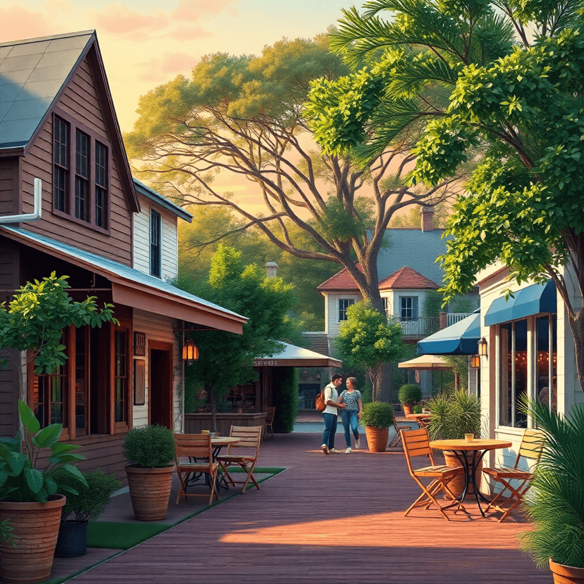 A cozy outdoor scene in a small Southern town with charming cafes, community spots, and lush greenery, illuminated by a warm sunset that enhances t...