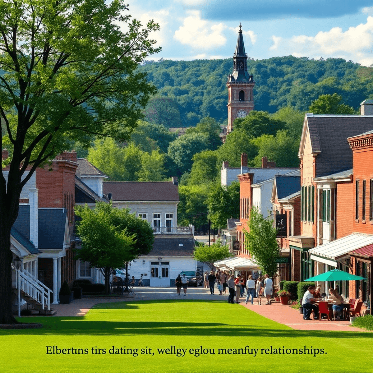 A scenic view of Elberton, Georgia, featuring historic buildings, granite elements, and a park setting, capturing the warmth and charm of the commu...