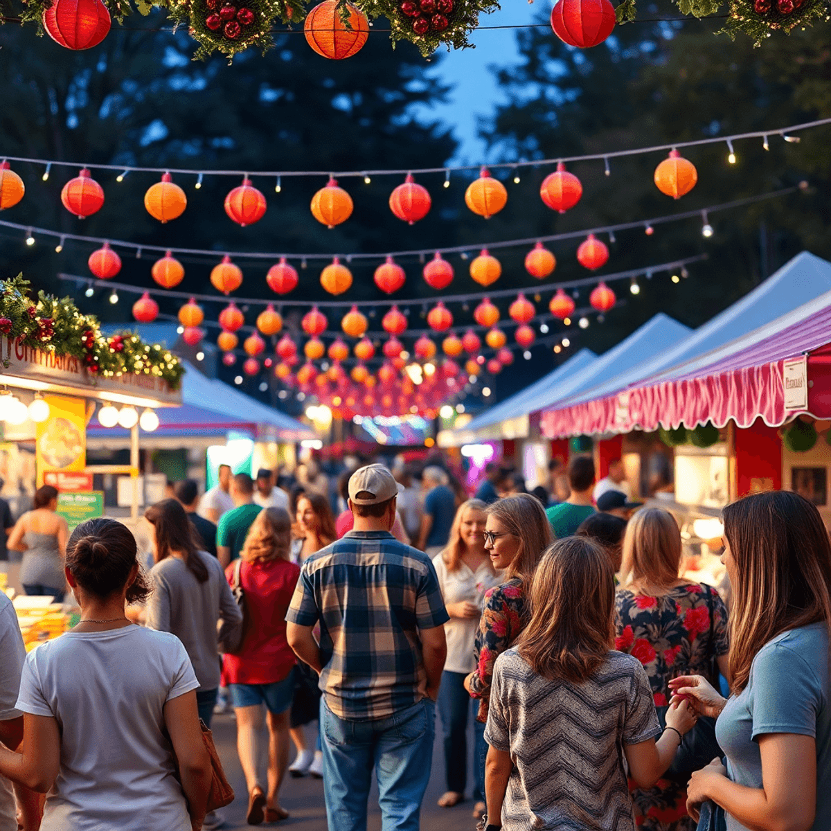 A lively community festival in Grayson, Georgia, featuring colorful decorations, food stalls, live music, and people socializing under festive lights.