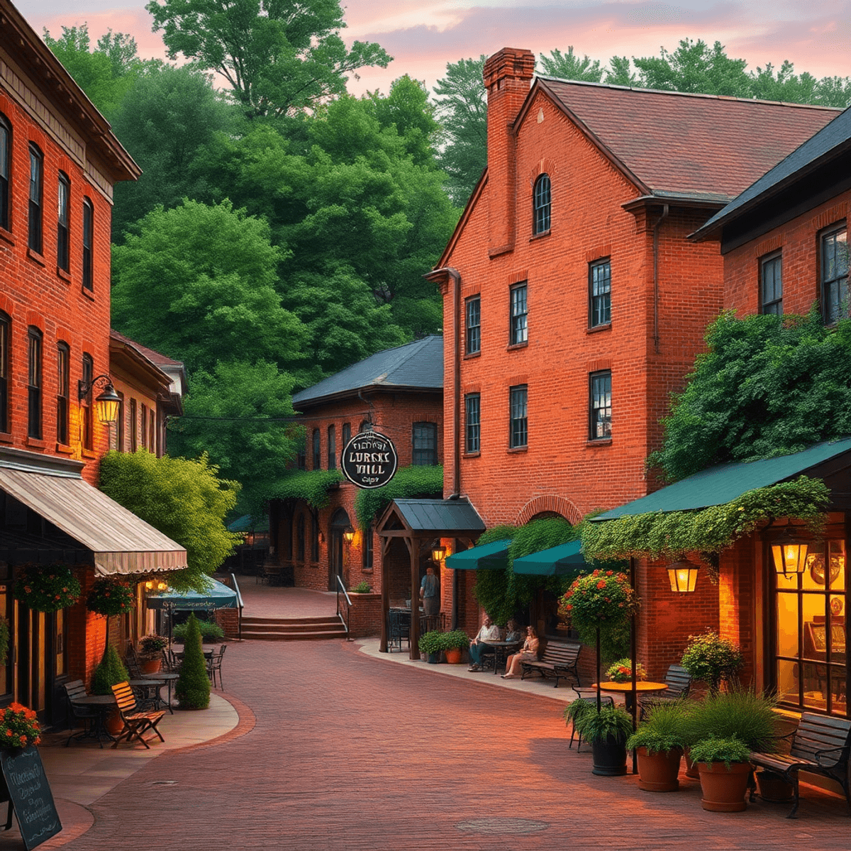A charming small-town scene in Lindale, Georgia, featuring the historic Old Brick Mill amidst lush greenery and cozy cafes, illuminated by soft eve...