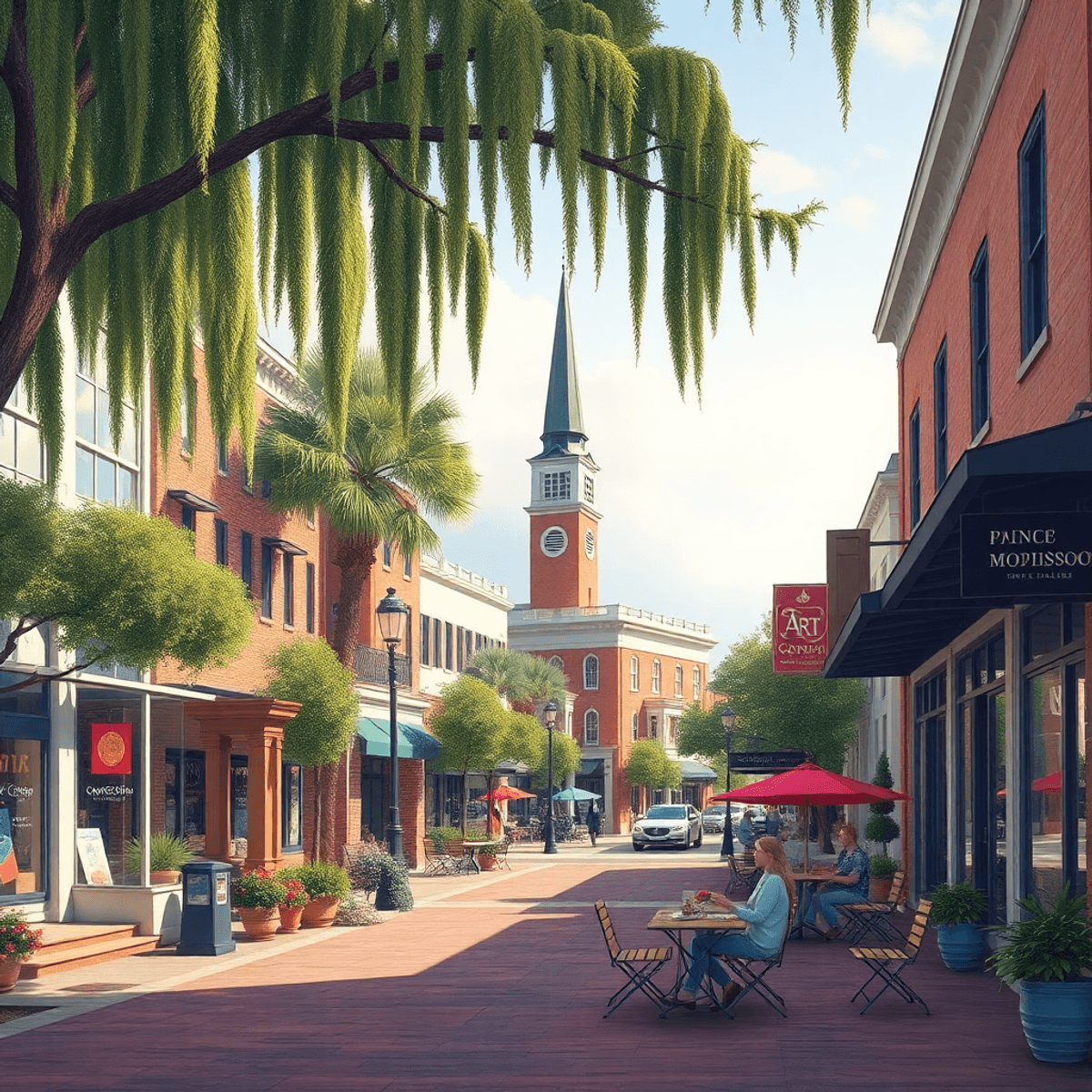 A vibrant downtown square in Madison, Georgia, showcasing historic buildings, cozy coffee shops, and art galleries, with couples enjoying outdoor s...