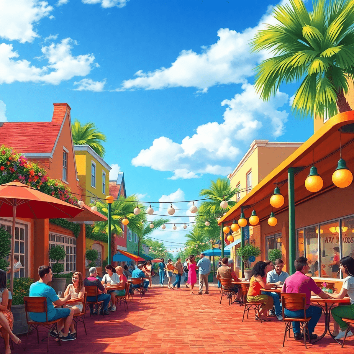 A bustling southern town square in Waycross, Georgia, filled with people enjoying outdoor dining and recreational activities, radiating a warm and ...