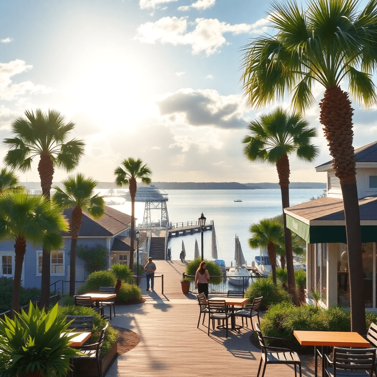 A scenic view of Wilmington Island featuring waterfront parks, palm trees, a cozy outdoor cafe, and soft sunlight, creating a romantic and inviting...