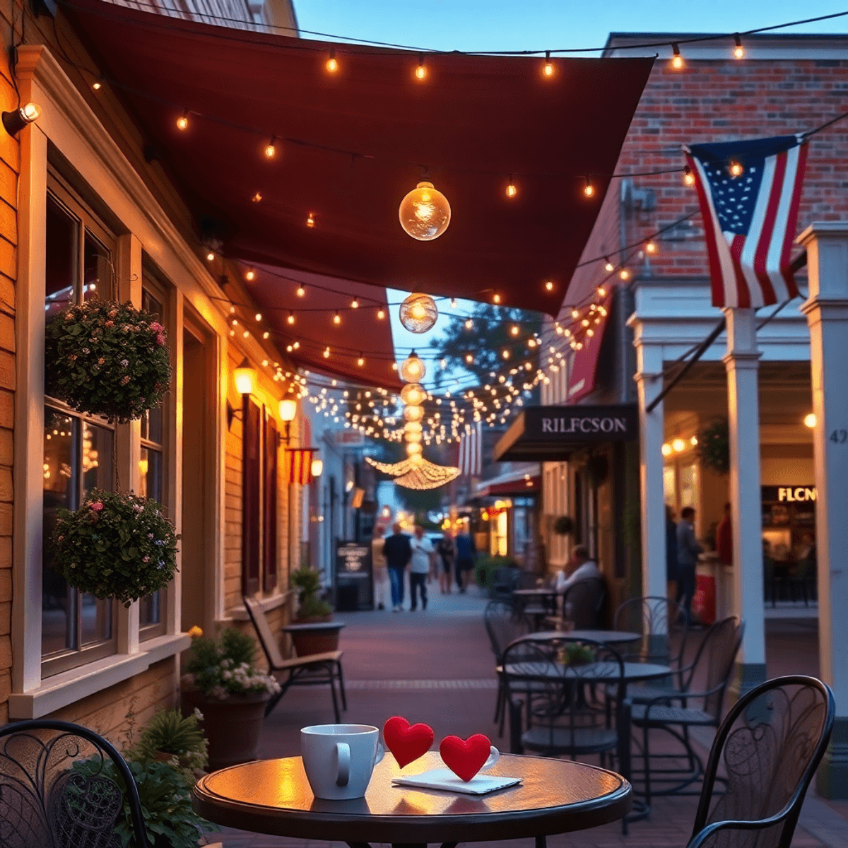A cozy café on a charming street in Georgetown, Georgia, with outdoor seating, twinkling lights, and romantic touches like coffee cups and a heart-...