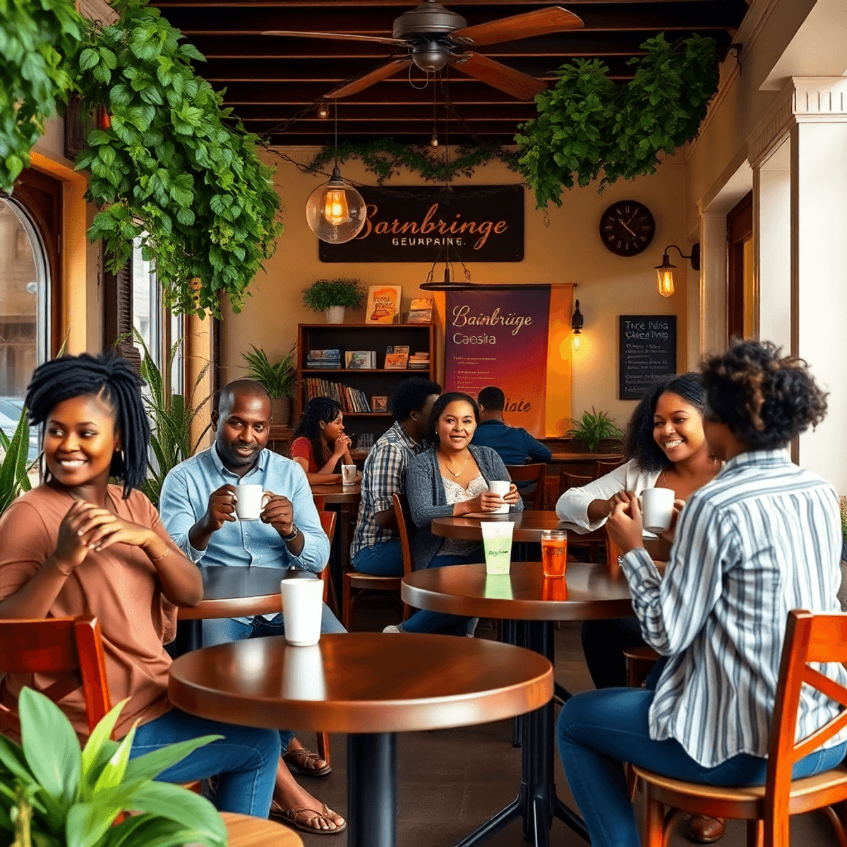 A cozy coffee shop in Bainbridge, Georgia, filled with people engaging in conversations over coffee, surrounded by lush greenery and charming archi...