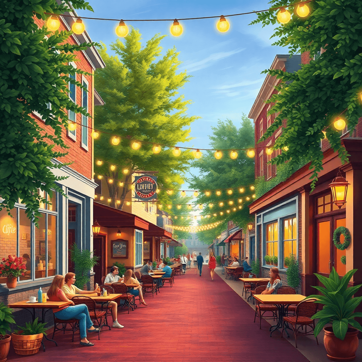 A lively small-town street in Lovejoy, Georgia, with cozy cafes, outdoor seating, fairy lights, and greenery, showcasing a warm community atmosphere.