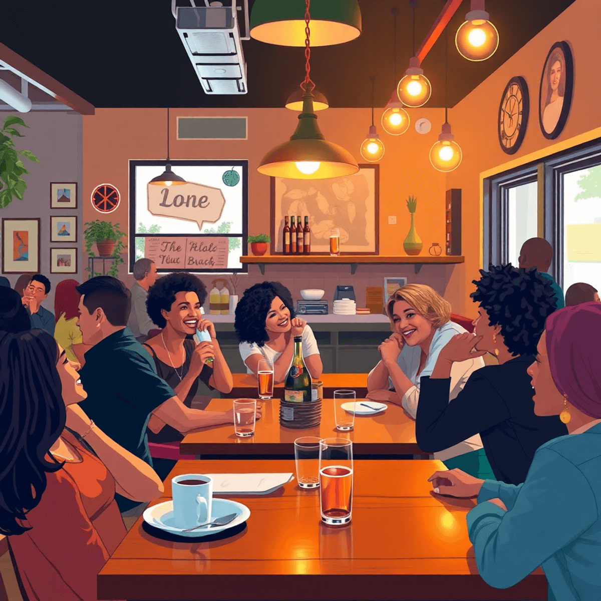 A cozy local cafe in Dallas, Georgia, filled with warm lighting and inviting decor, where people engage in lively conversation and laughter, embody...