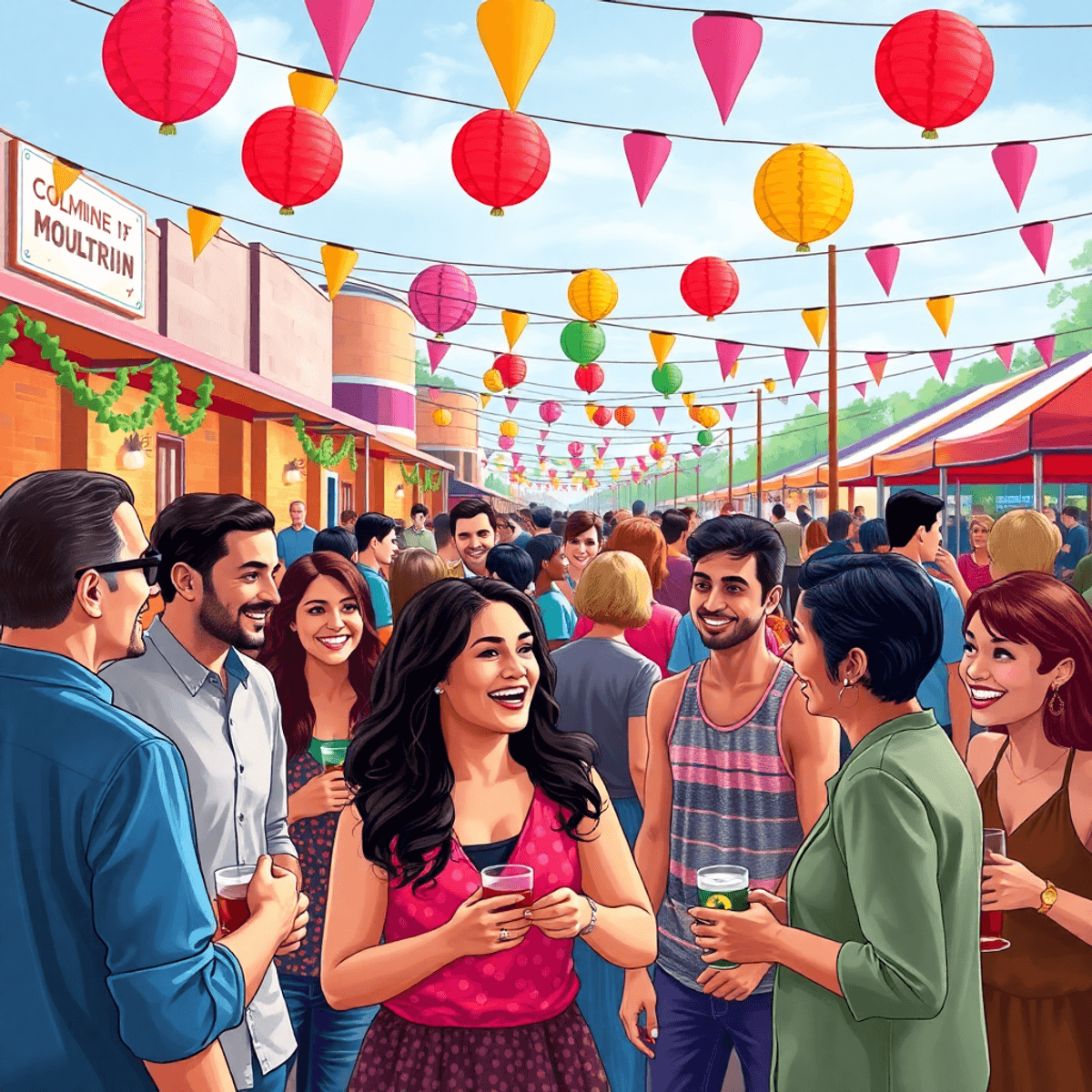 A lively community event in Moultrie, Georgia, featuring people mingling, laughing, and engaging in activities amidst colorful decorations and a wa...