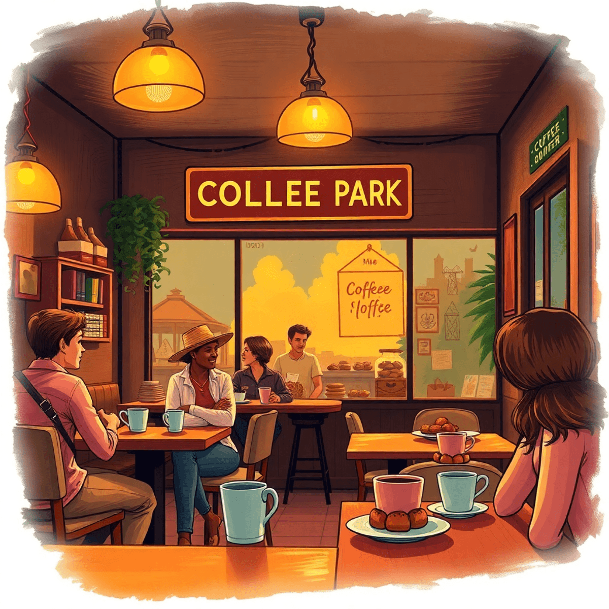 A cozy coffee shop scene with warm lighting, coffee cups, and pastries, showcasing friendly interactions and a welcoming atmosphere perfect for sin...