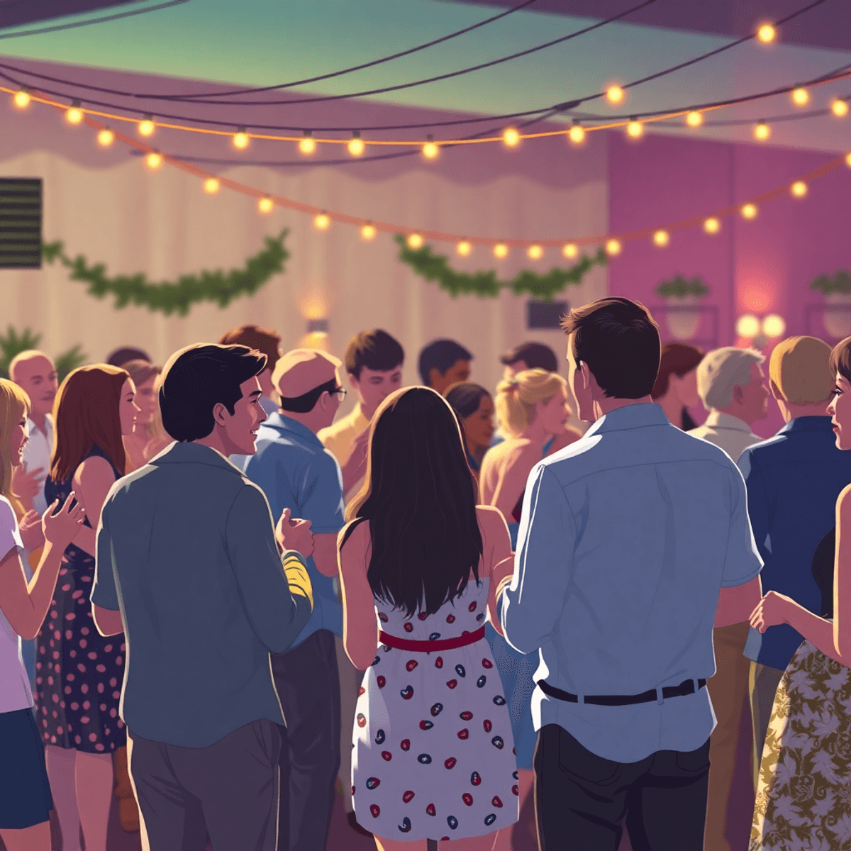 A lively dance event in Douglas, Georgia, featuring singles chatting and enjoying the atmosphere under string lights, creating a warm, inviting amb...