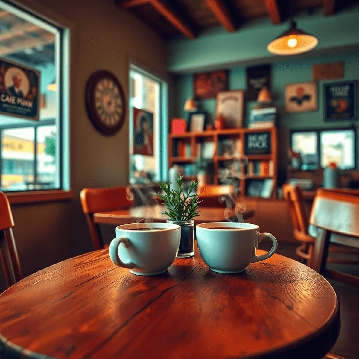 A cozy coffee shop scene featuring a rustic wooden table with two steaming cups of coffee, surrounded by books and a small potted plant, all under ...