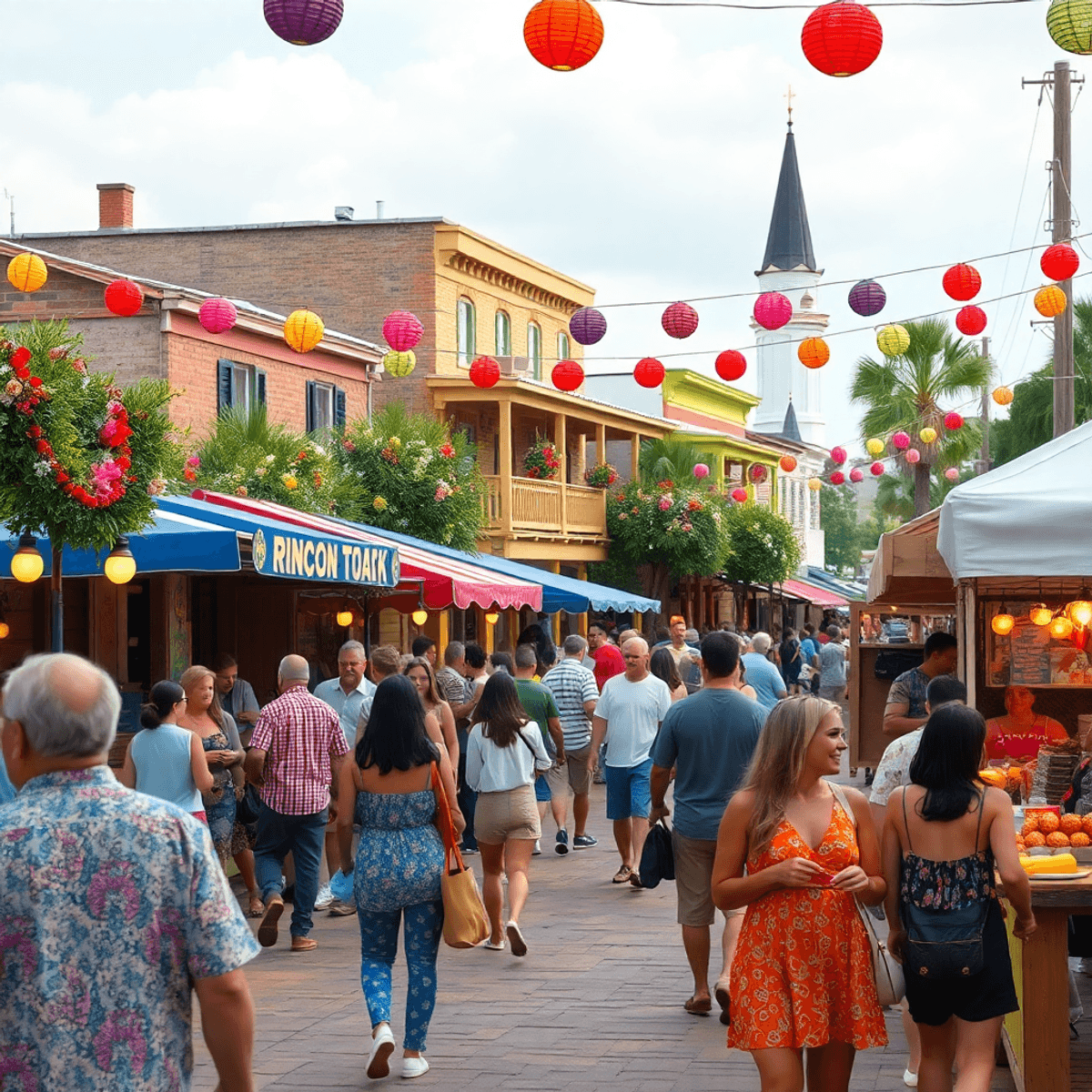A vibrant small-town festival in Rincon, Georgia, with colorful decorations, food stalls, and people enjoying the atmosphere against a backdrop of ...