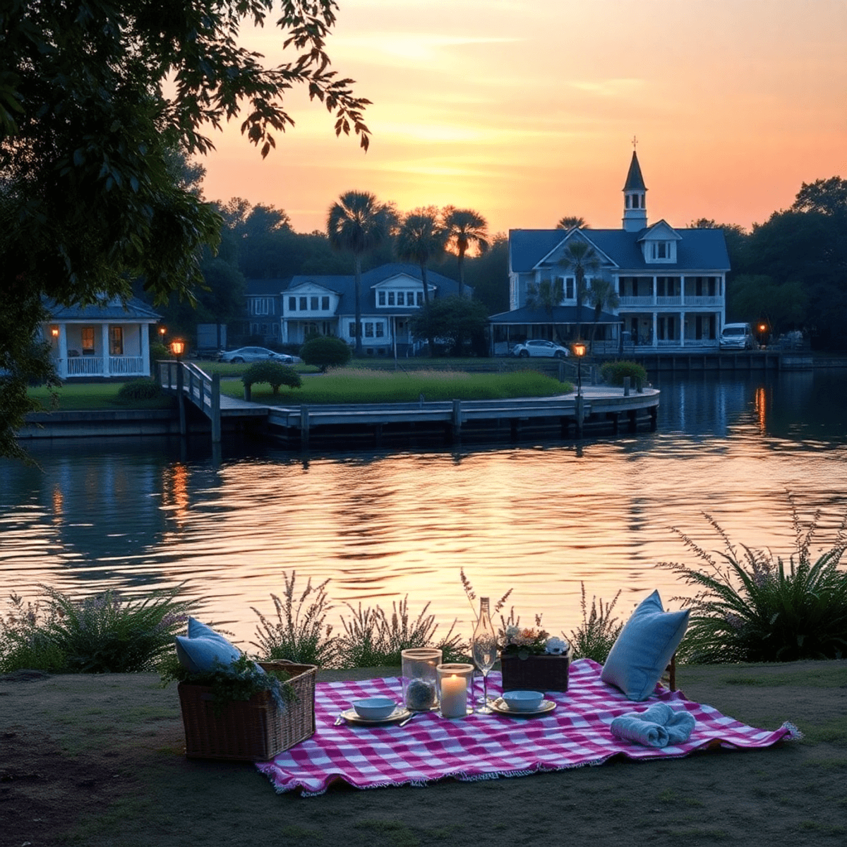 A serene sunset over the Savannah River, with warm colors reflecting on the water, a cozy picnic setup on the riverbank, surrounded by lush greener...