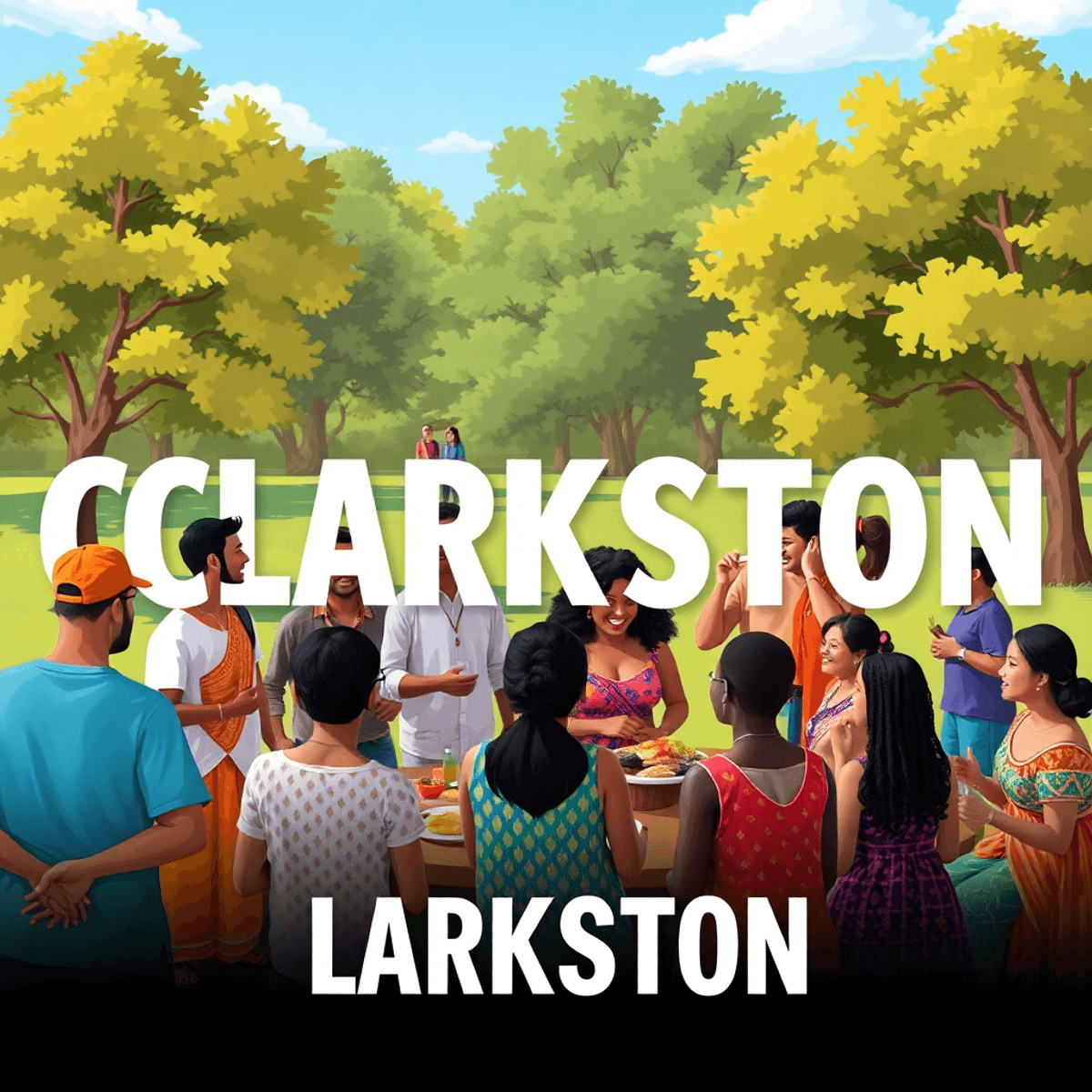 A joyful group of people in traditional clothing sharing food and laughter at a sunny outdoor gathering in a park, showcasing a vibrant sense of co...