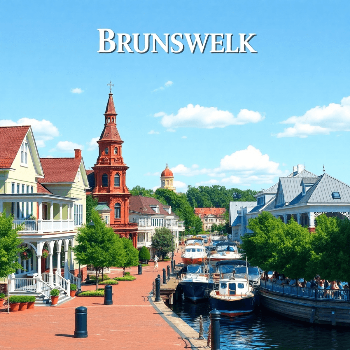 A vibrant waterfront view of Brunswick, Georgia, showcasing charming Victorian-era buildings surrounded by lush greenery, reflecting southern hospi...