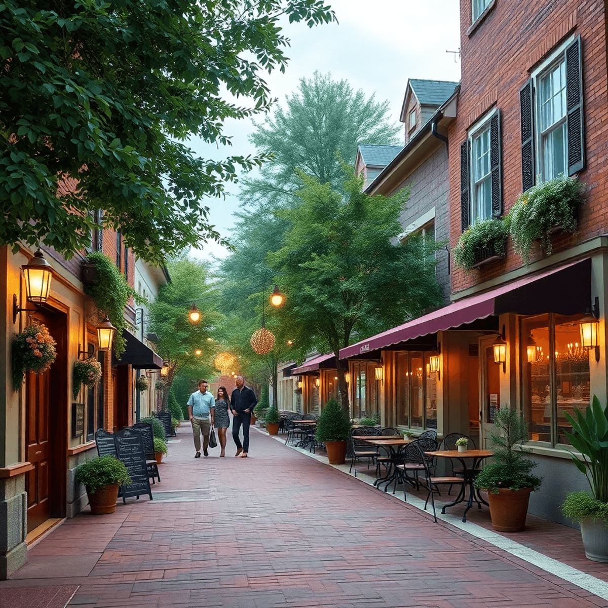 Charming street in Brookhaven, Georgia, featuring cozy cafes, lush greenery, quaint buildings, and twinkling lights, creating a romantic and inviti...