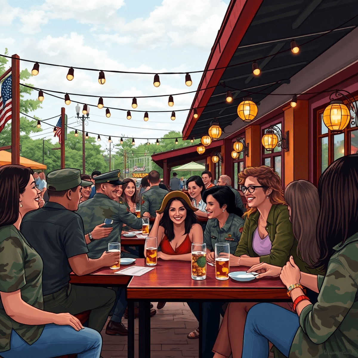 A lively social scene in Warner Robins, Georgia, with singles enjoying activities at a hotspot, blending military heritage and Southern hospitality...