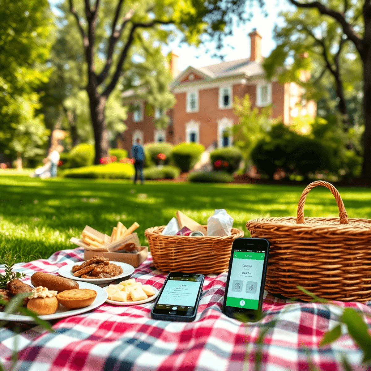 A colorful picnic blanket spread with gourmet food and a basket, set in a lush park with historic architecture in the background, evoking a charmin...