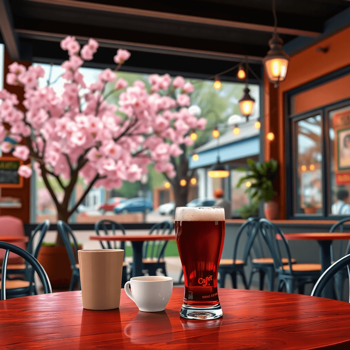 A cozy café in Macon, Georgia, featuring blooming cherry blossoms and a table with a coffee cup and craft beer glass, evoking warmth and Southern c...