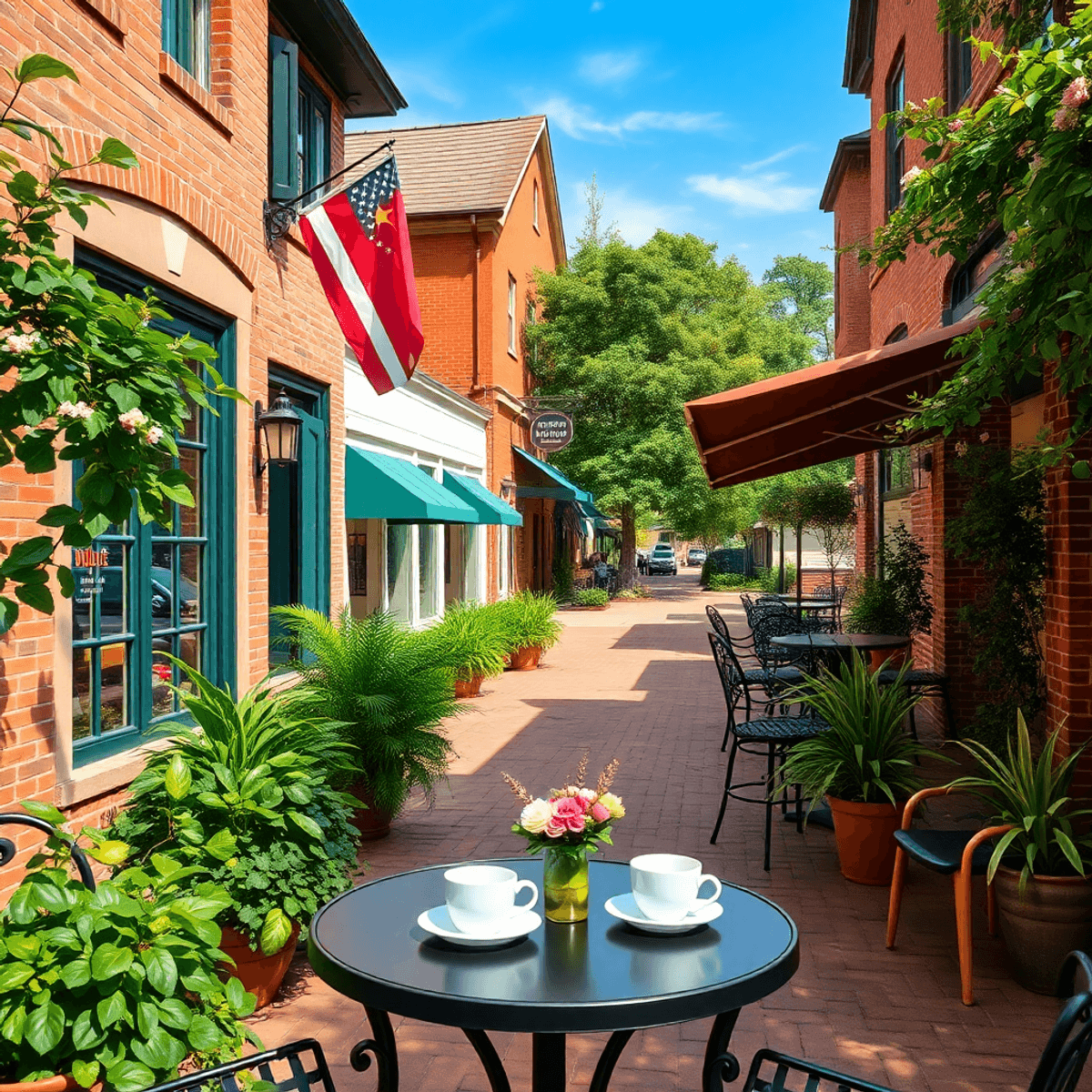 A cozy coffee shop with outdoor seating, surrounded by greenery and charming architecture, featuring a small table for two with coffee cups and a b...