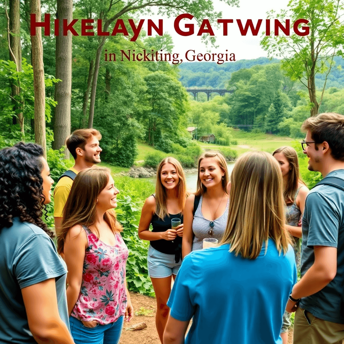 A lively outdoor gathering in Mableton, Georgia, with singles hiking and socializing amidst lush greenery and the scenic beauty of Nickajack Creek.