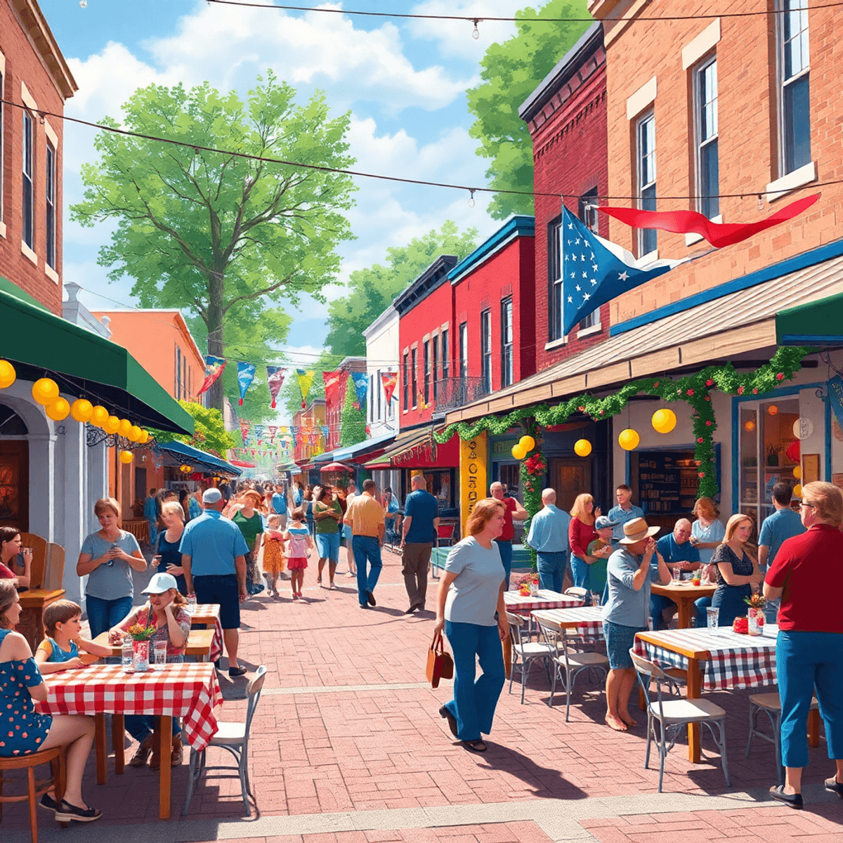 A lively small-town street in Dalton, Georgia, bustling with people enjoying music, outdoor dining, and colorful decorations, reflecting warmth and...