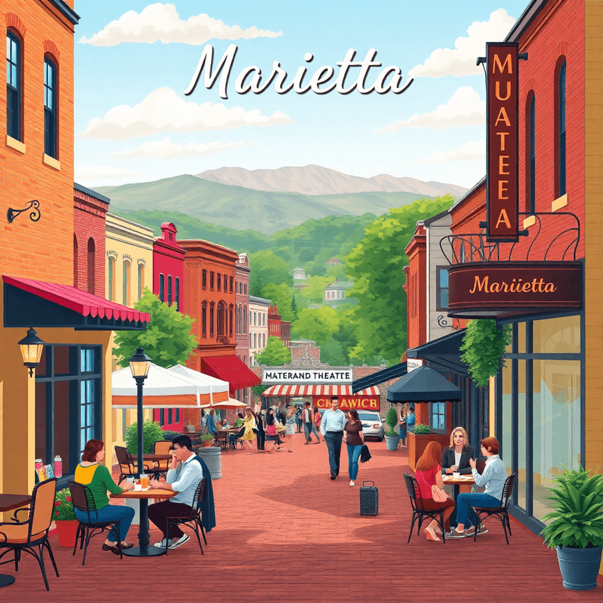 A lively illustration of Marietta Square, showcasing the Strand Theatre, people enjoying coffee, and Kennesaw Mountain in the background, capturing...