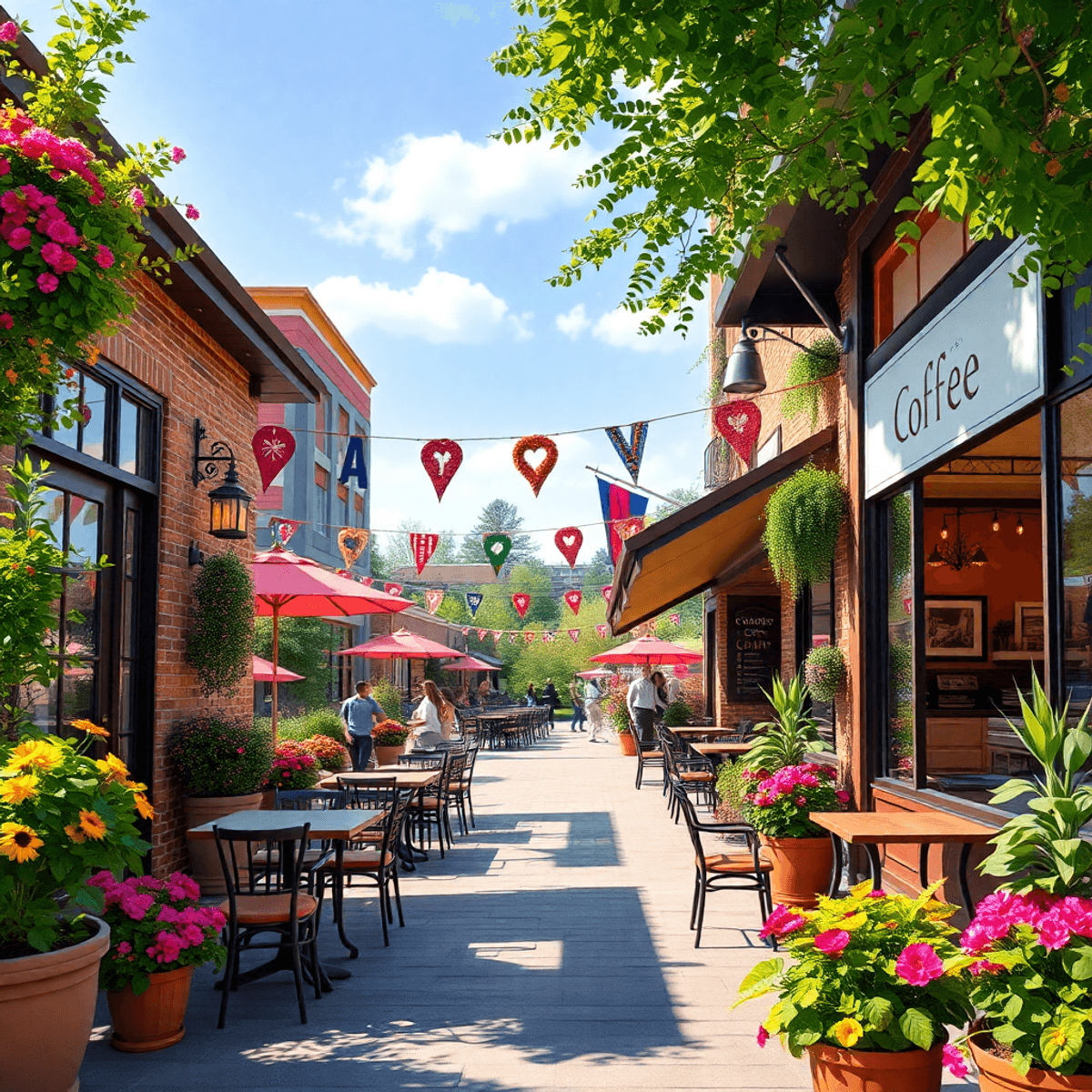 A cozy coffee shop with outdoor seating, colorful flowers, and community event banners, creating a warm and inviting atmosphere for locals to connect.