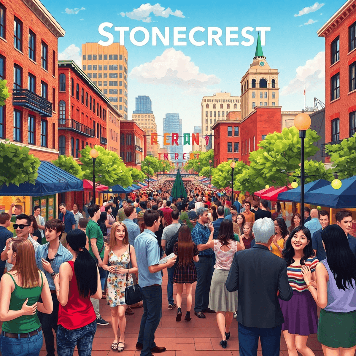 A lively cityscape of Stonecrest, Georgia, with groups of young professionals mingling at a vibrant local event, surrounded by colorful decorations...