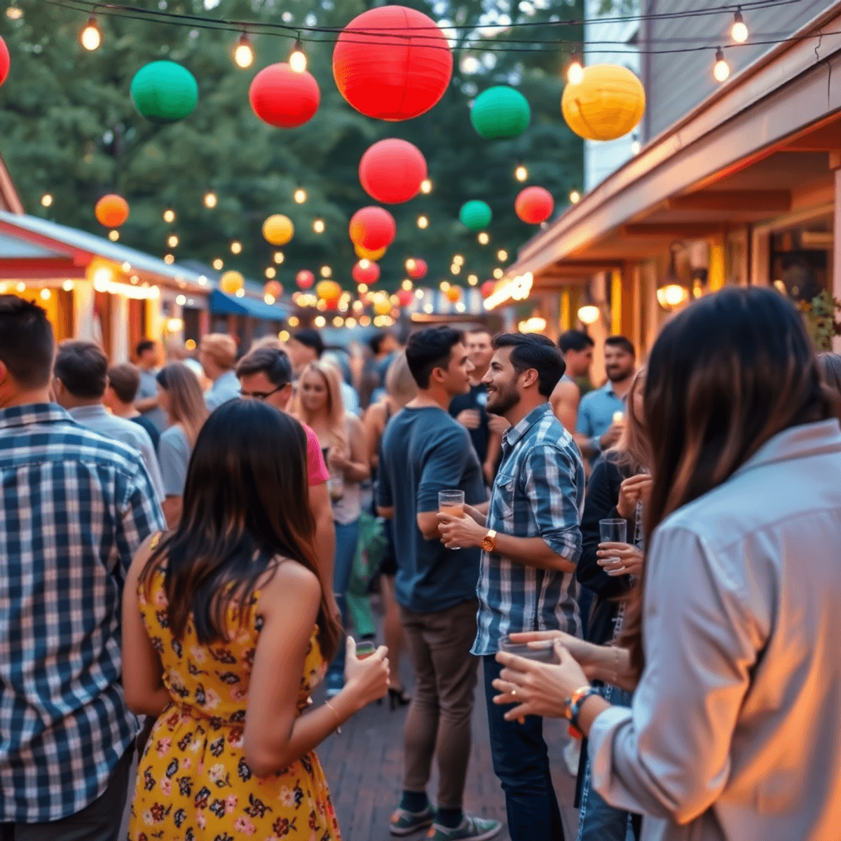 A lively outdoor social event in Smyrna, Georgia, featuring young professionals mingling under string lights with colorful decorations, creating a ...