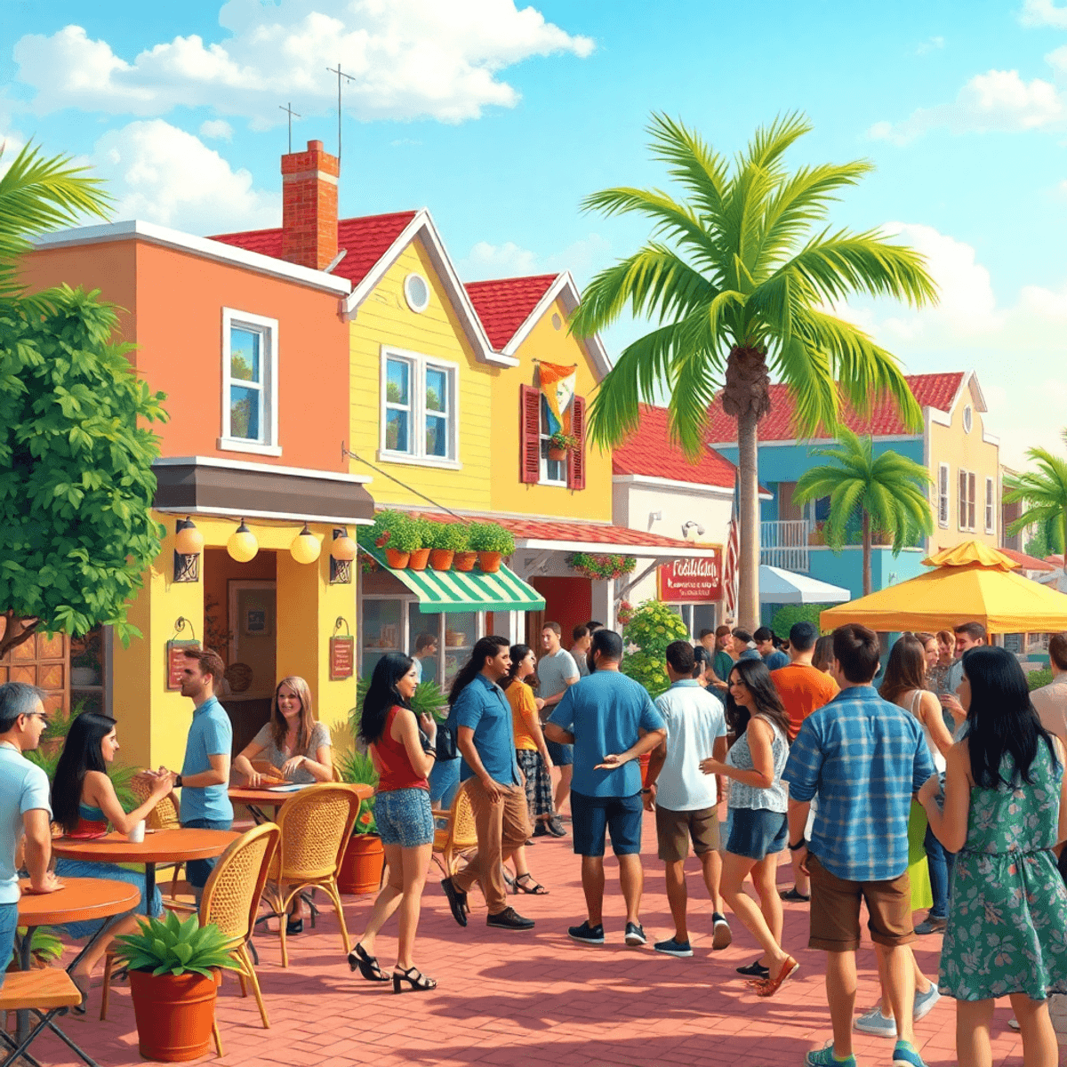 A lively small-town scene in Florida with singles enjoying outdoor activities, smiling and mingling at a community event, showcasing warmth and con...