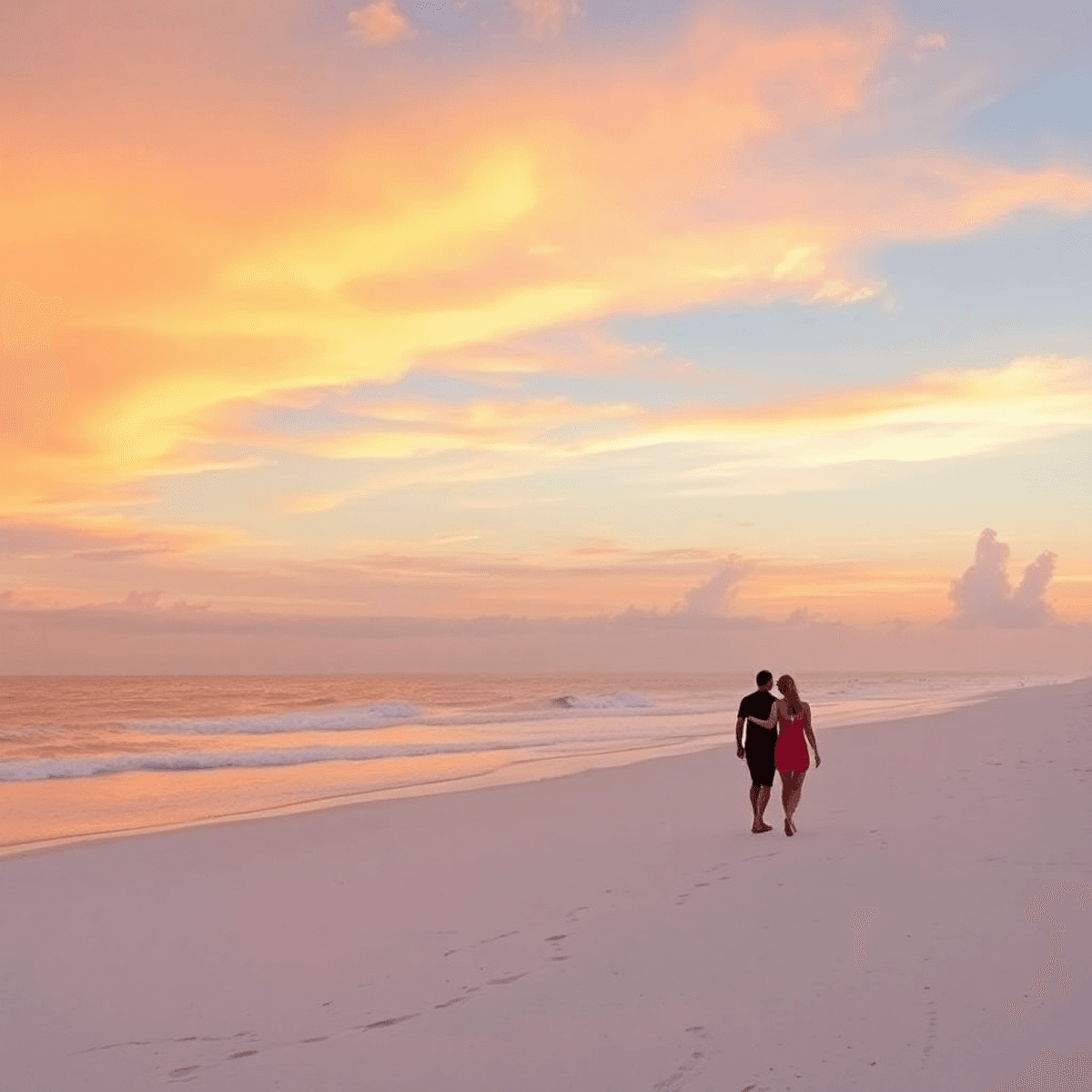 A vibrant sunset over Bradenton Beach with soft white sand and gentle waves, featuring silhouettes of couples walking hand-in-hand along the shorel...