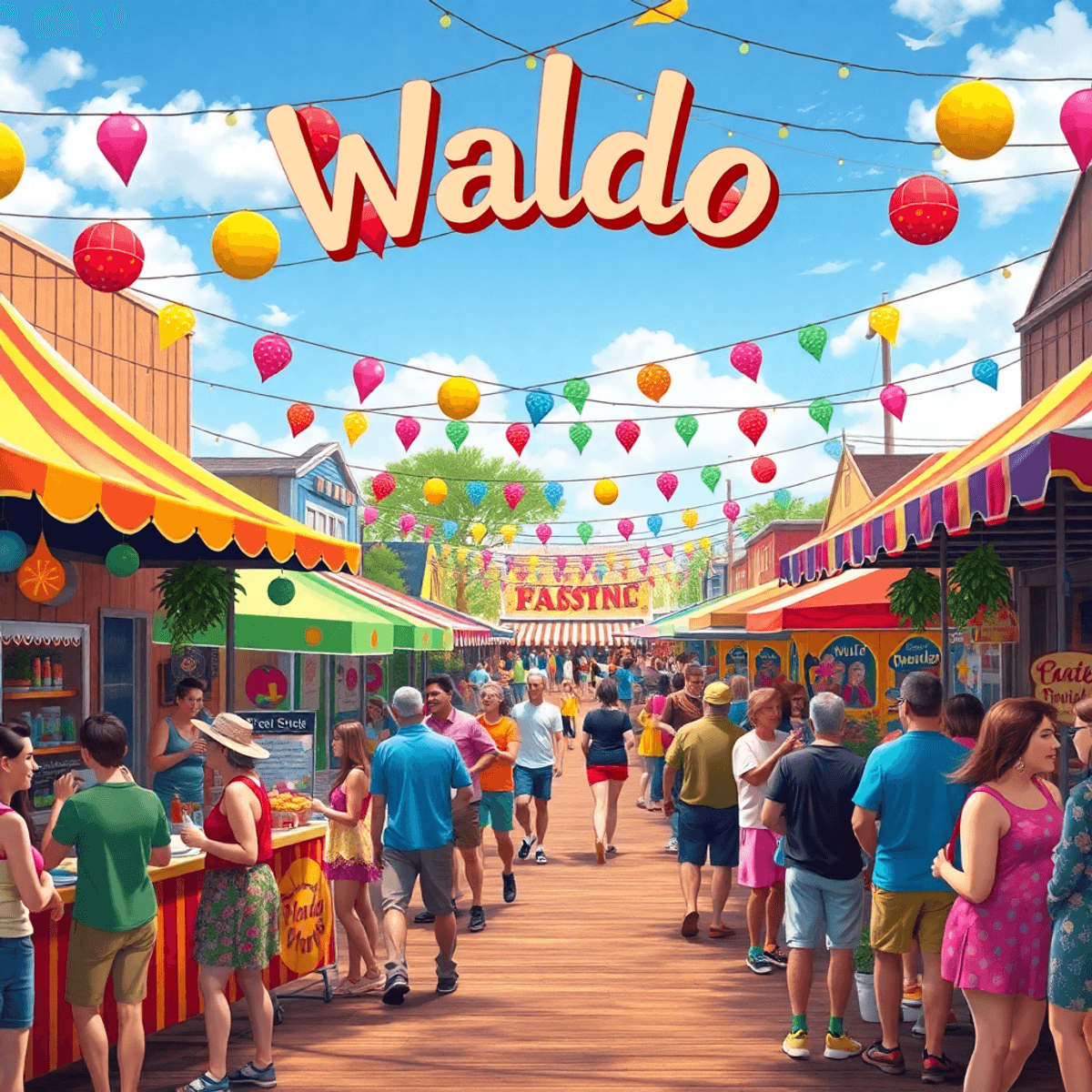 A lively community festival with colorful decorations, food stalls, and people mingling joyfully, featuring live music and carnival games in a warm...
