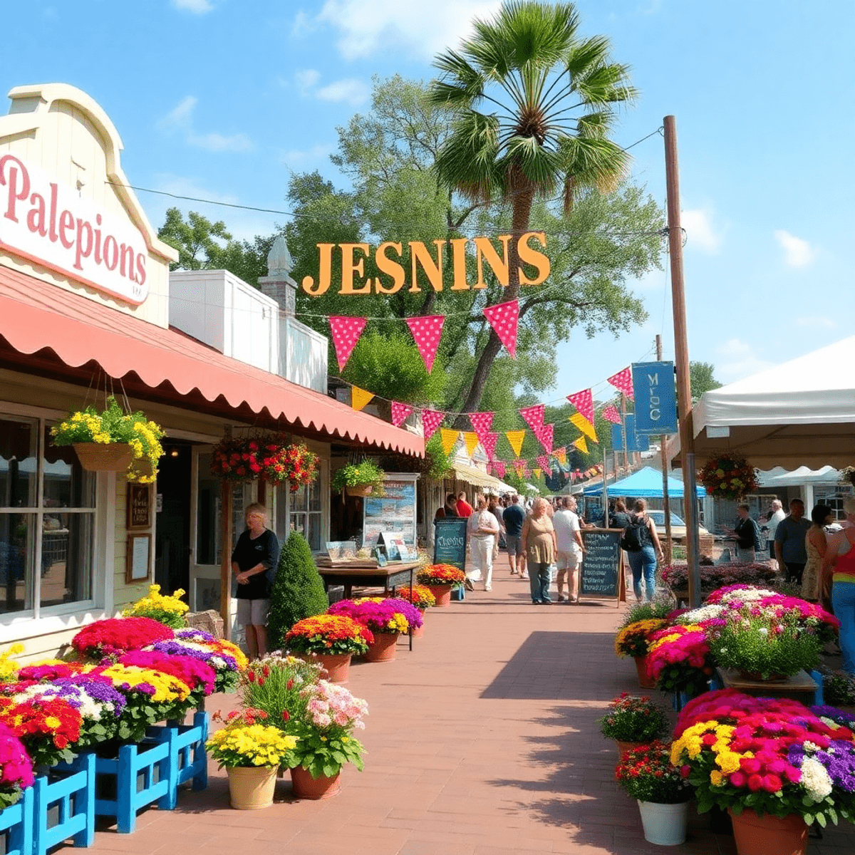A vibrant small-town festival scene with colorful flower displays, festive banners, and a welcoming atmosphere, capturing a sense of community and ...