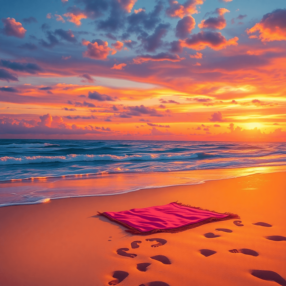 A romantic beach at sunset with a sandy shoreline and gentle waves, featuring heart-shaped footprints in the sand and a cozy blanket for two, evoki...