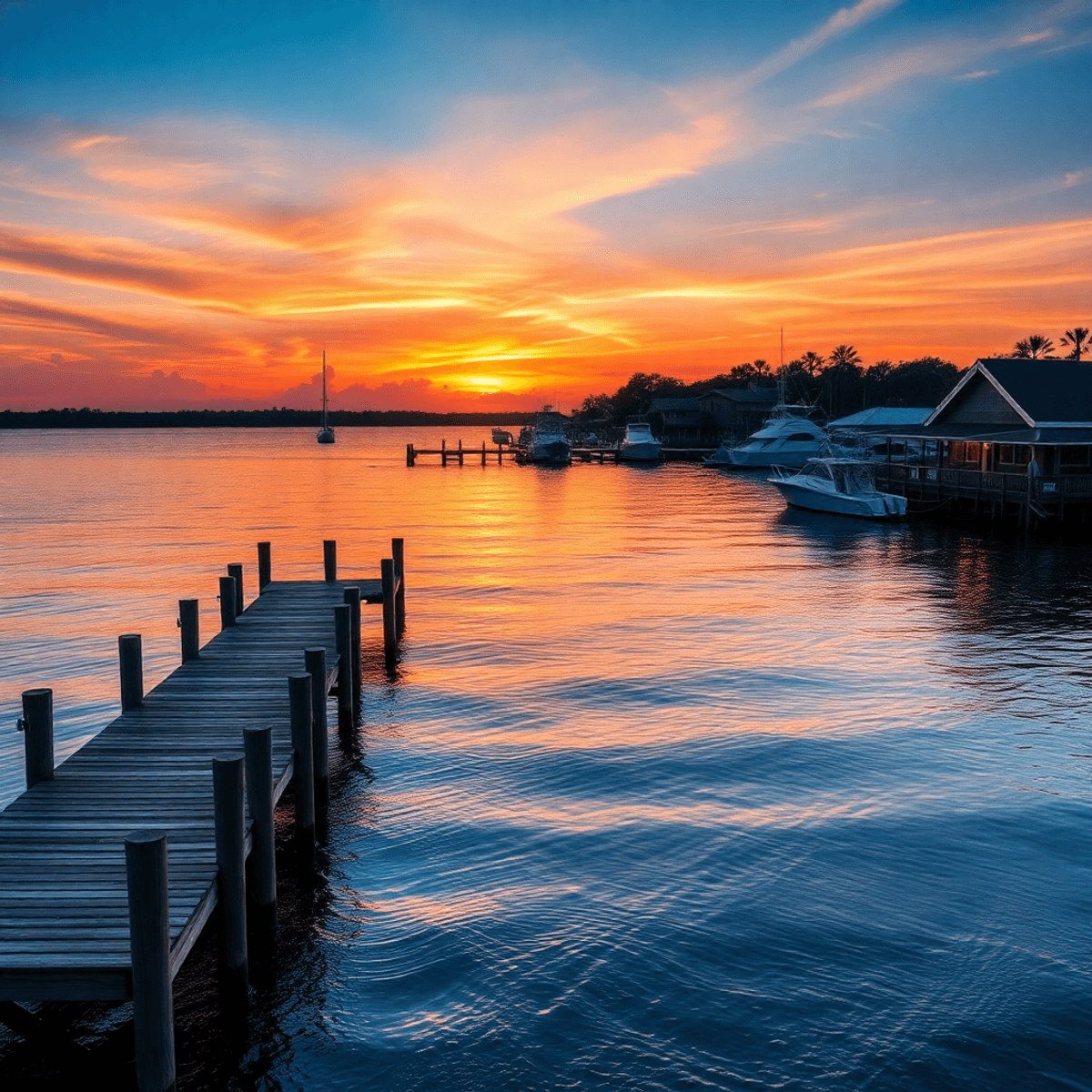 A stunning sunset over the Gulf waters of Steinhatchee, Florida, showcasing wooden docks, fishing boats, and seafood dining spots in a romantic wat...