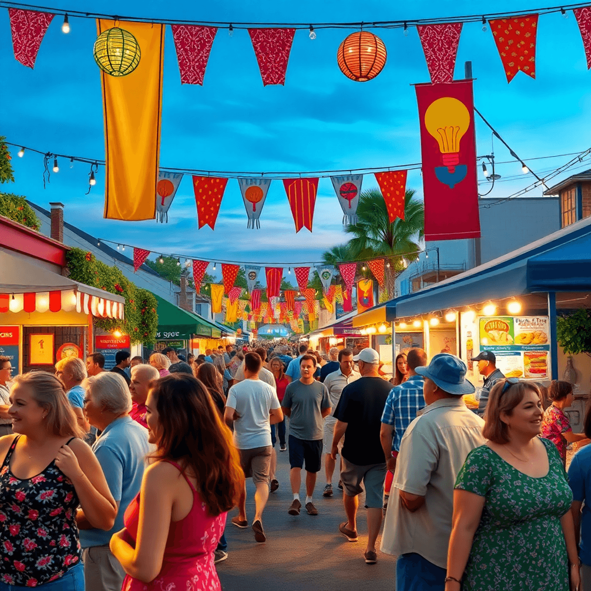 A lively community festival scene with people enjoying live music and food stalls, surrounded by colorful banners and festive lights in Grand Ridge...