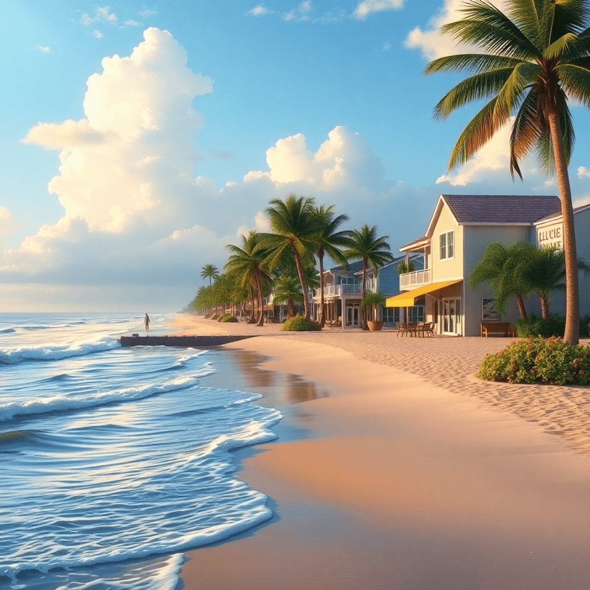 A serene beach scene in St. Lucie Village, featuring gentle waves, swaying palm trees, and quaint shops, capturing the charm and tranquility of the...