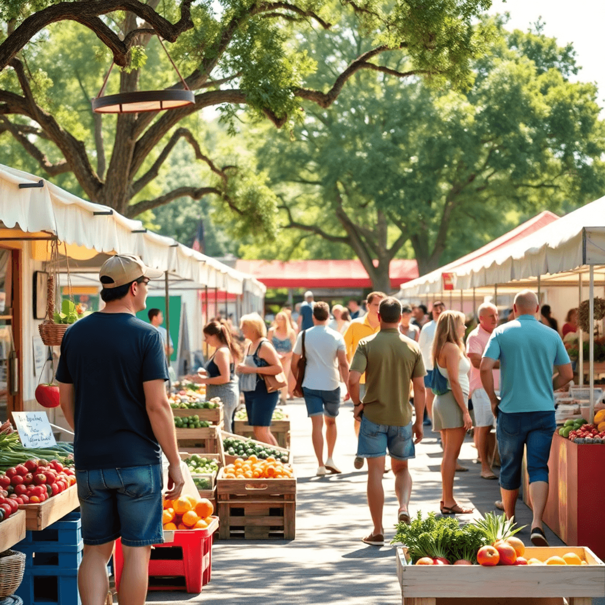 A lively farmers' market in Greenville, Florida, with colorful stalls displaying fresh produce and local crafts, as people chat and enjoy the sunny...