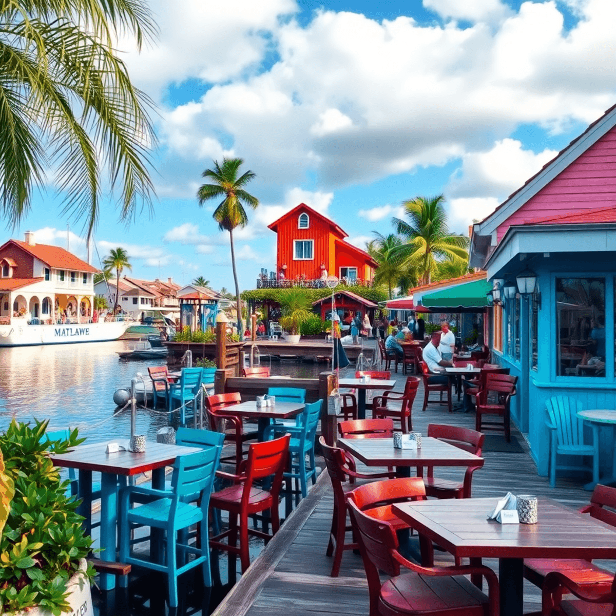 A vibrant waterfront scene in Matlacha, Florida, featuring colorful art installations, casual outdoor dining, lush greenery, and a relaxed atmosphere.