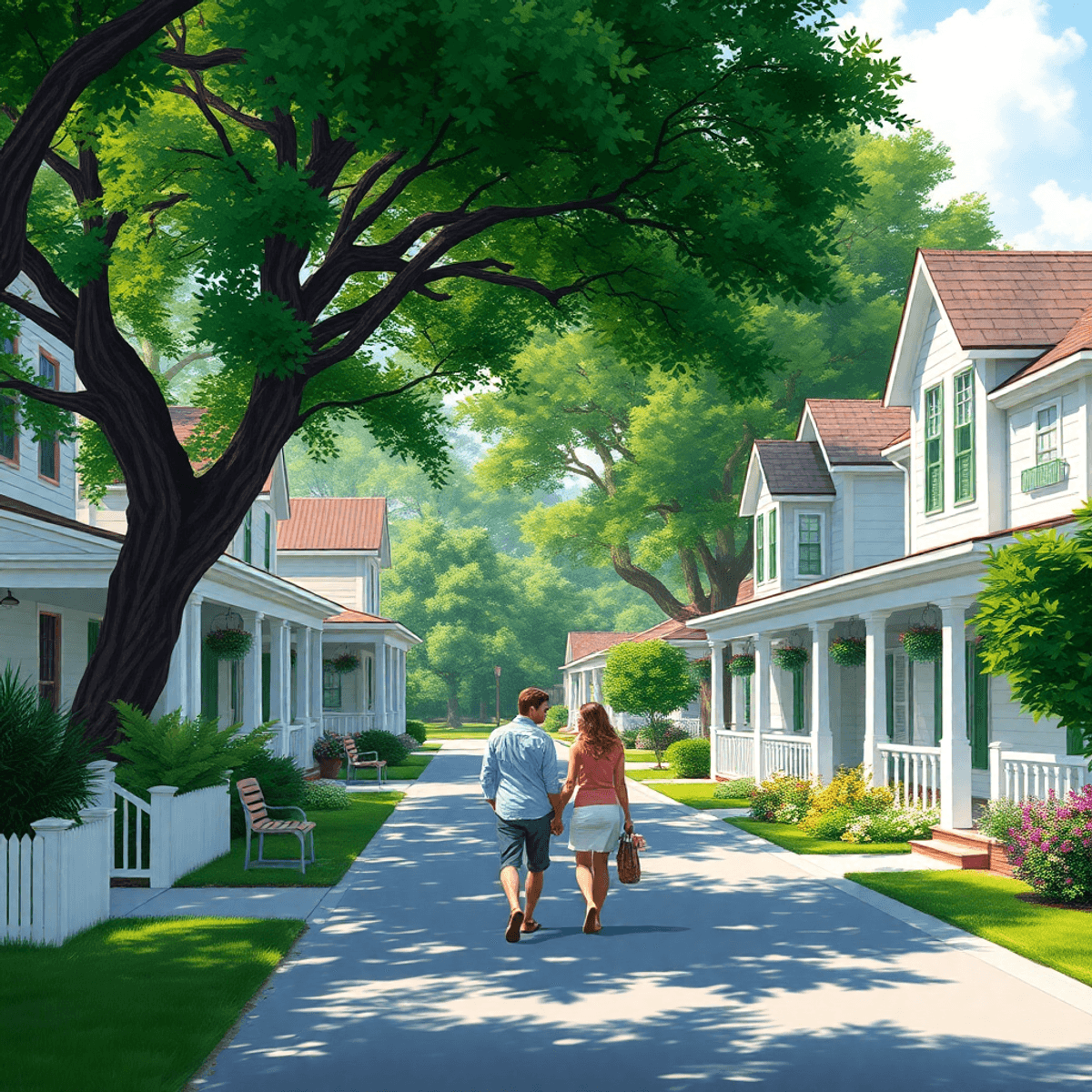 A couple strolls hand-in-hand along a quiet street in a small town, surrounded by charming Southern homes and lush greenery, reflecting a peaceful ...