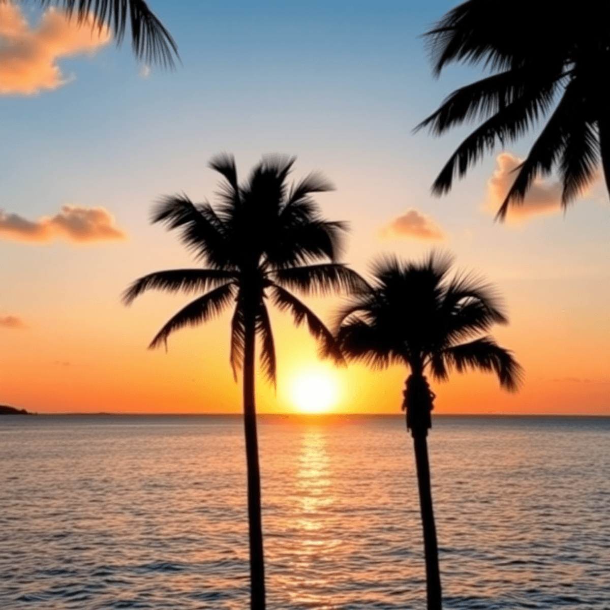 A serene sunset over clear waters in North Key Largo, framed by palm tree silhouettes, creating a tranquil and romantic atmosphere.